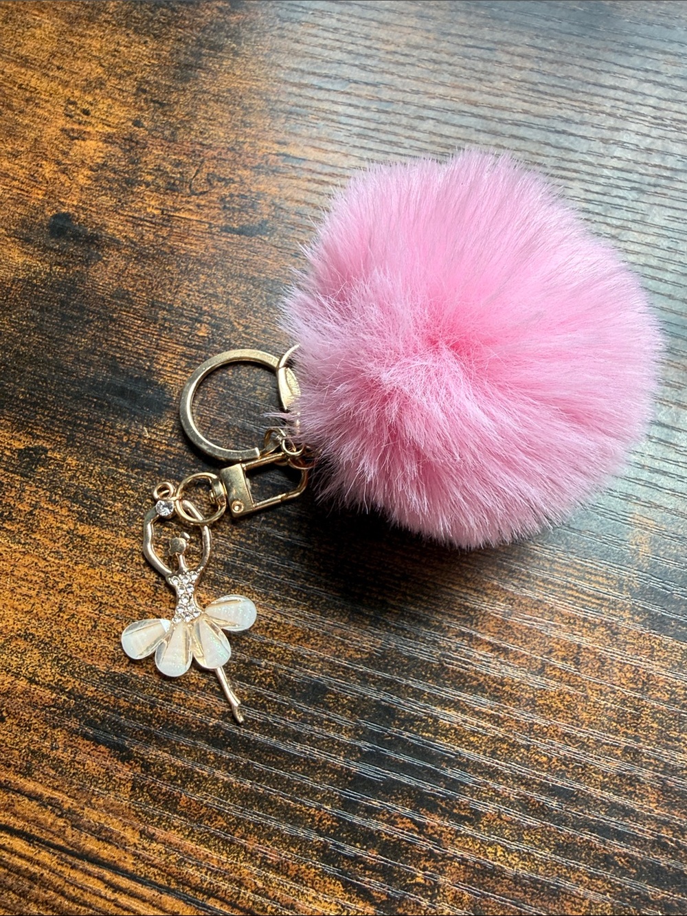 Pink Faux Fur Pom Pom Keychain with Ballerina Charm - Women Accessories